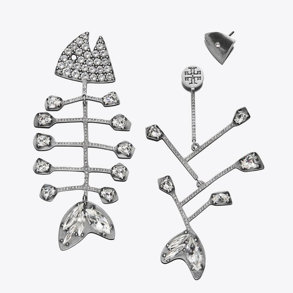 NWT Tory Burch Embellished Fish Mismatched Earring, Antique Silver/Crystal - Picture 4 of 6